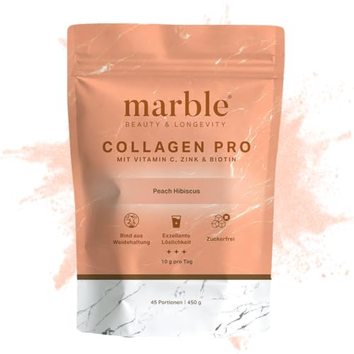 marble® Kollagen Pulver PRO 450 g - Collagen Pulver plus Vitamin C, Zink & Biotin - Collagenpeptide - 60 Tage risikofrei testen - aus Weiderind mit perfekter Löslichkeit – Peach Hibiscus