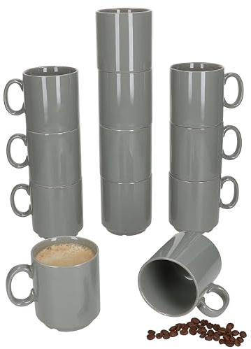 MamboCat Event 12er Set Kaffeebecher I 250 ml graue Porzellan-Becher mit Henkel 12 Personen I stapelbare Tassen für Heißgetränke wie Tee, Kakao, Latte Macchiato & Co I schickes Kaffee-Geschirr