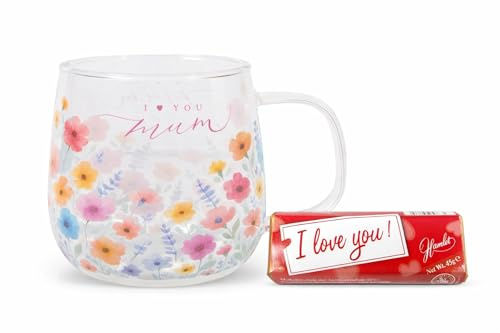 HTUK I Love You Mum Glass Mug & Belgian Milk Chocolate Gift Set – Floral Coffee & Tea Mug for Hot Drinks + 45g Hazelnut Milk Chocolate Bar – Birthday & Special Occasion