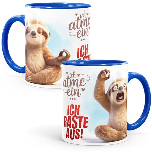 MoonWorks® Tasse Faultier Spruch - Ich atme ein, ich raste aus -Bürotasse, lustige Kaffeebecher für Home Office - Geschenkidee Kollegen - Keramik Weiss-innen-royal standard
