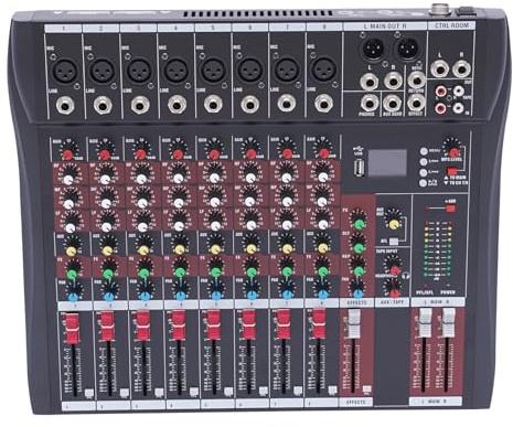 8 Channel Audio Mixer, Professional USB Sound Board Console, Built-In Effects Studio Interface with 48v Phantom Power and 3-Band Eq, Pc Recording Mixer for Dj Karaoke Mp3 Input