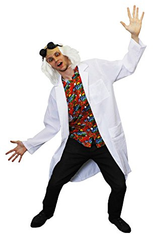 VERÜCKTER DOKTOR DER ZUKUNFT. SCHWARZE GOOGLES/BRILLE + WEISSE HALB PERÜCKE MIT HAUTFARBENDEM GUMMI EINSATZ + ROTES HAWAII HEMD ERHALTBAR IN 5 VERSCHIEDENEN GRÖSSEN + EINEN WEISSEN KITTEL