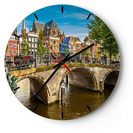 Modern Wanduhr amsterdam Bögen Architektur Gebäude 40x40cm Rund Groß Wand Uhr Glas Analog Zimmeruhren Küche Büro Wohnzimmer Glasuhr Wall Clock Dekoration Design Wanddekoration Küchenuhr C3AR40x40-3173
