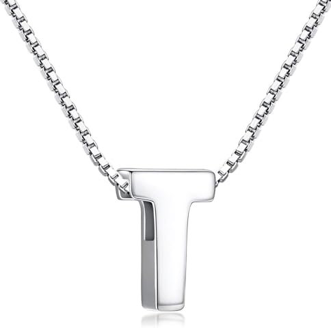 Buchstaben Kette - Buchstabenkette Kette mit Buchstabenanhänger Silber Halskette Kettenanhänger Initialen Silberkette Damen 925 (Kette mit buchstabe T)