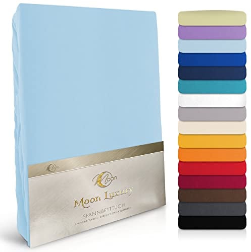 MOON-Luxury Spannbettlaken Spannbetttuch Jersey Stretch 230g/m² für Wasserbetten, Boxspringbetten und herkömmliche Matratzen (hellblau, 140x200-160x220)