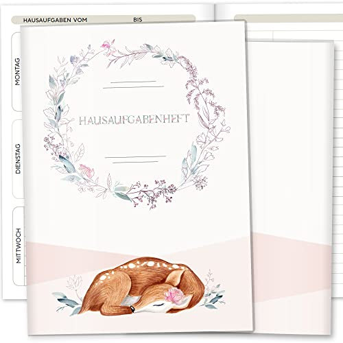 Hausaufgabenheft Hülle Rehkitz inkl. Heft Schulheft Schutzhülle Umschlag schöne Geschenkidee (Hausaufgabenheft ohne Personalisierung, Amanda)