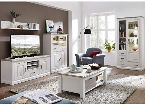 Lomadox Wohnwand im Landhausstil inkl. Couchtisch & Vitrine in Pinie weiß mit Abs. Taupe, B/H/T ca. 348/204/52cm
