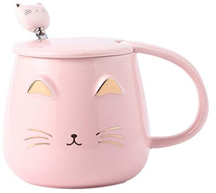 Angelice Home Pink Cat Mug, Cute Kitty Ceramic Coffee Mug with Stainless Steel Spoon, Novelty Coffee Mug Cup for Cat Lovers Women Girls