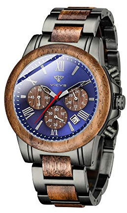 VICVS Armbanduhr aus Holz und Edelstahl für Herren, Chronograph mit 3 Zifferblättern, Quarz, Freizeit, Business, Multifunktionsuhr, aus Holz, handgefertigt