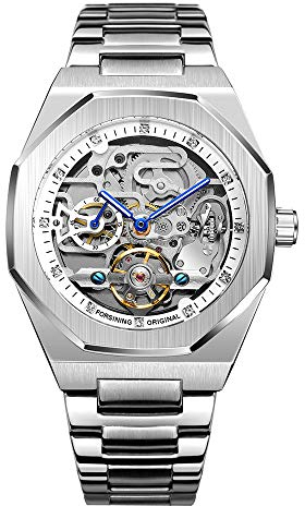 BOLYTE Armbanduhr Herren Analog Automatik Edelstahl Mechanische Skelett Männer Uhr Glas Rückseite, Silberfarben/Weiß