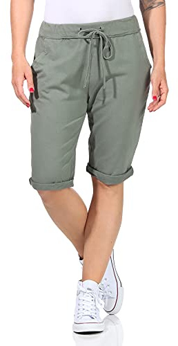 CLEO STYLE Kurze Damen Bermuda, leichte luftige Hose für den Sommer, kurzer Jogger für Freizeit und Strand 1212 (Oliv, 42-46, one_Size)