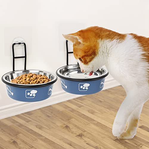 Torlam Cat Feeder, Wall Mounted, Raised Stainless Steel Bowls with Stand, Nonslip No Spill, 2 Packs (Blue)