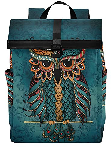ALAZA Grüner Eulen-Aufdruck Patrick Boho Ethno Großer Laptop Rucksack Geldbörse für Damen Herren Wasserdichter Anti-Diebstahl-Roll-Top-Rucksack, 13-17.3 Zoll, Einheitsgröße, Traditionelle Rucksäcke