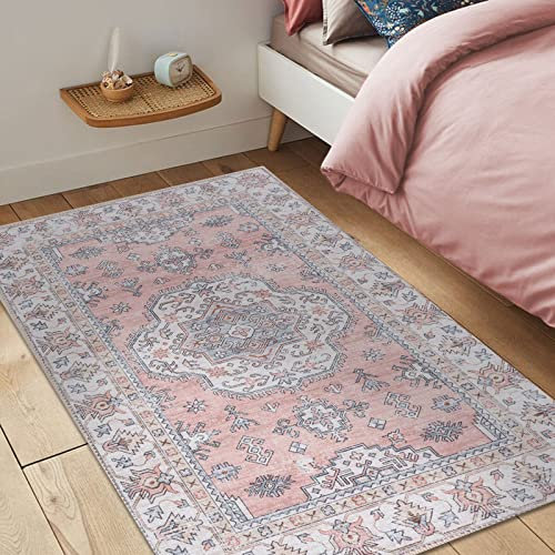 Taleta ALYSSA Pink Runner 80x150cm Washable Rug Small Vintage Rugs Living Room Soft Area Rug for Bedroom Non Slip Boho Oriental Large Door Mat Short Pile Traditional Floor Rug for Hallway Kitchen