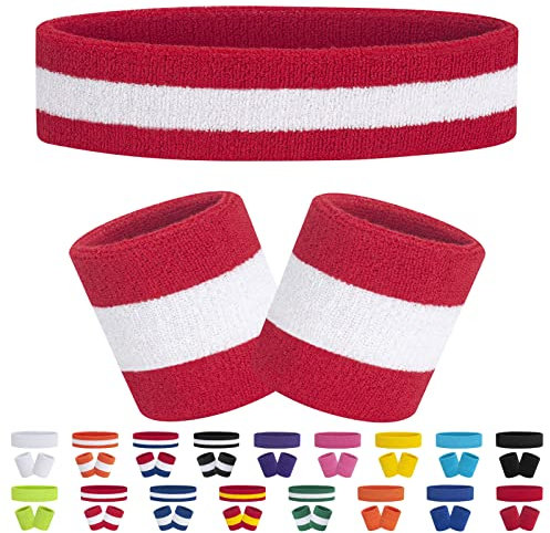 FACATH Gestreiftes Schweißband-Set: Rot-Weiß-Rot, für Erwachsene und Kinder, Unisex-All Ages, Tennis, Basketball, Fußball, Yoga, Training