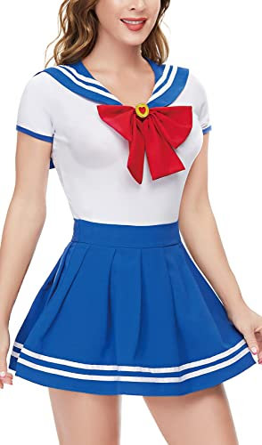 CutiePlusU Knopf im Schritt Onesie Erwachsene Baumwolle Strampler Bodysuit Cosplay Magical Sailor Kostüme Rock Set WhiteBlue XS