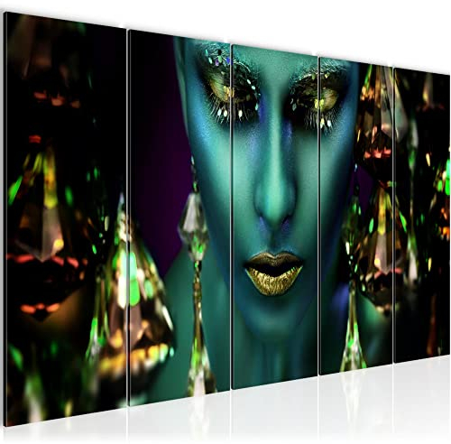 Runa Art Wandbild XXL Frau Gesicht Kosmetik Wohnzimmer Schlafzimmer 200 x 80 cm Türkis Gold 5 Teilig - Made in Germany - 042155a