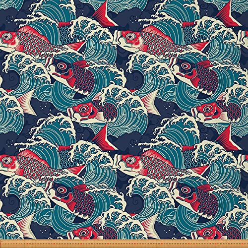 The Yard, japanischer exotischer Hokusai-Ozeanwellen-Stoff für Polster- und DIY-Projekte, ethnischer orientalischer Kunstwerk, wasserdichter Outdoor-Stoff, 184 x 150 cm, blau-rot