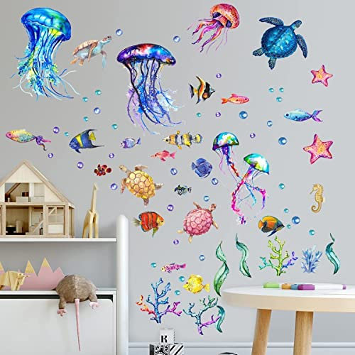 Unter Meer Wandtattoo, Unter dem Meer Fisch Qualle Wandaufkleber, Ozean Wandsticker, Abnehmbar DIY Wandbild für Kinder Kinderzimmer Schlafzimmer Badezimmer Wanddeko (B)