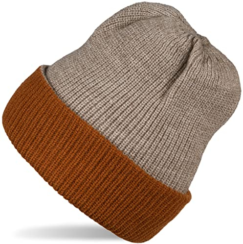 styleBREAKER Unisex Wende Strickmütze Einfarbig, überlange Beanie Mütze, doppelt gestrickt, warme Wintermütze 04024197, Farbe:Taupe-Cognac
