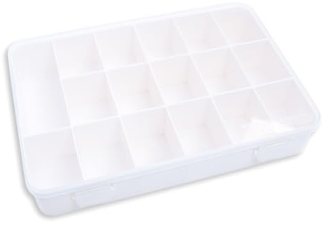 Craftelier - Aufbewahrungsbox mit 17 Fächern für Scrapbooking-Materialien | Transparent und Weiß - Maße 26,5 x 17,8 x 4,2 cm