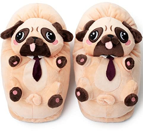 corimori Witizige Plüsch-Hausschuhe Mops Coco für Erwachsene und Kinder | Braun, EU Einheitsgr. 34-44 | Pantoffeln Slipper Schuhe