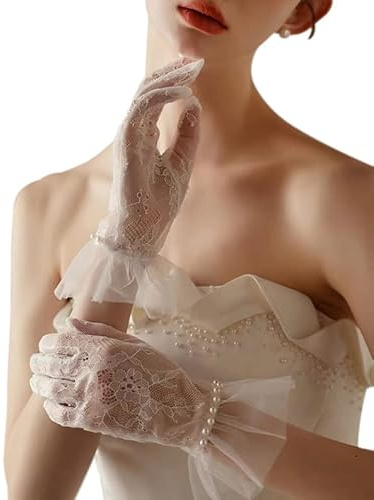 GRYUIRY Short Lace Gloves Mesh Tulle Glove with Pearls Wedding Opera Tea Party Gloves for Women Formal Ivory