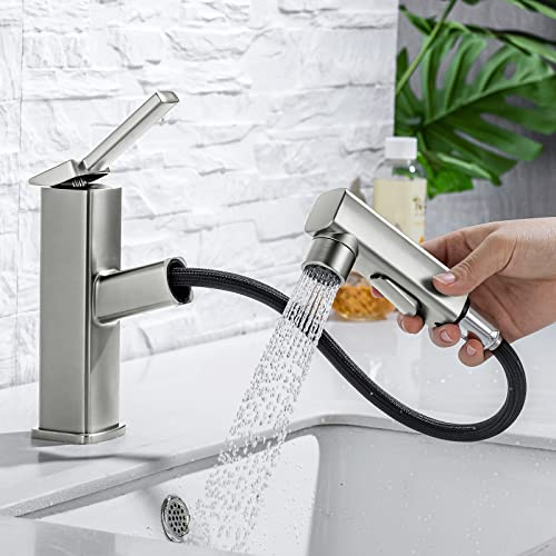 HANLIAN mischbatterie waschbecken armaturen mit einem Loch, moderne Waschtischarmaturen mit 3 Funktionen, niederdruck armatur bad mit schwenkbarem Auslauf, waschtischarmatur mit herausziehbarer brause