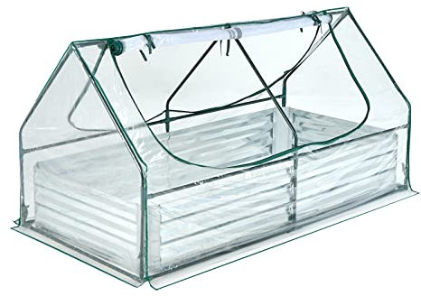 GOPLUS Jardinière avec Couveture de Mini-Serre Extérieur 180 x 90 x 91 CM, Carré Potager de Jardin en Acier Galvanisé, Base Ouverte et Grande Fenêtre Grillagée pour Cultiver Fleurs, Végétaux