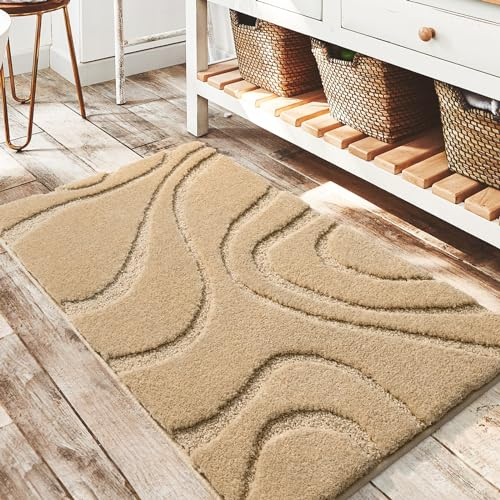 DEXDE Badezimmerteppich, weicher Plüsch, zottelig, Mikrofaser, rutschfeste Badematten für Badezimmerboden, maschinenwaschbar, saugfähiger Teppich für Dusche, Beige, 61 x 91,4 cm