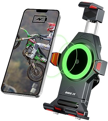 Bike It Premium Aluminum Motorcycle Wireless Charger 15W Fast Charge With Vibration Dampener & High-Speed Secure Lock One-Push Auto-Lock Metal Cell Phone Holder for 4.0''-7.0'' Cellphone