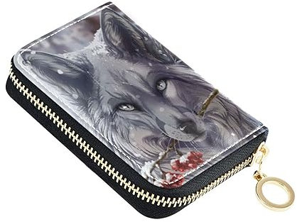 NCRJCZQL RFID-Kreditkartenhalter Geldbörsen Akkordeon für Frauen Leder Reißverschluss Kartenetui Akkordeon Geldbörse für Damen Mädchen, wolf, Kunstdruck