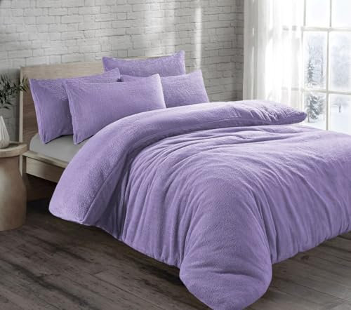 Velvet Stitch Teddy Fleece Duvet Cover with Pillow Case Plain Thermal Fluffy Warm Cosy Super Soft Bedding Set (Double, Lilac)