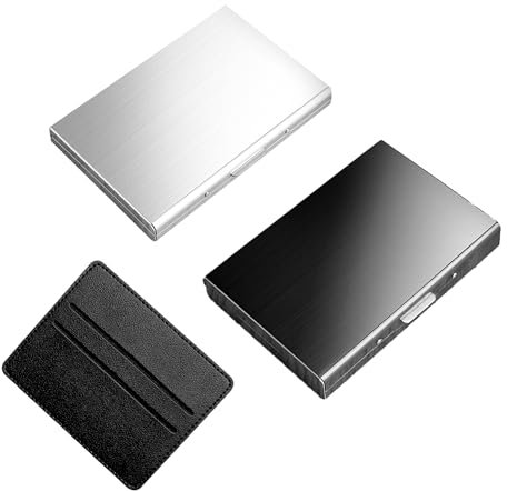 Lot de 2 porte-cartes en acier inoxydable et 1 porte-cartes en cuir, porte-cartes de visite, porte-cartes en accordéon en métal, porte-cartes protégé RFID et NFC pour femmes, hommes (or et argent),