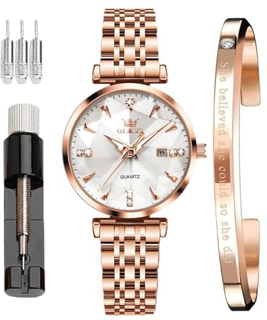 OLEVS Japanische Damenuhren Rosenquarz Gold Kristall Edelstahl Mode Uhr für Frauen Wasserdicht Luxus Elegant Kalender Analog Quarzuhr, GW-G5536-Rosa White Surface, Klassisch