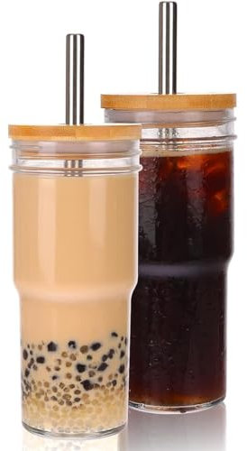 PiurUf Vasos De Vidrio De 24 Oz con Tapas Y Pajitas Tazas De Café Helado De Vidrio,Lindo Vaso De Viaje Juego De Vasos para Beber,Botella Boba Reutilizable para Batidos Gigantes,Té De Burbujas,2pcs