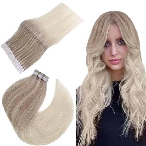 Easyouth Tape Extensions Echthaar Balayage Blond Echthaar Extensions Tape Aschblond Mischen Sie Mittelblond und Platinblond Ombre Tape in Extensions Echthaar 45 cm 40g 20pcs #18/22/60