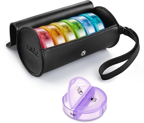 Fullicon PU Case Weekly Pill Box Organiser 2 Times A Day, Travel 7 Day Pill Boxes, Portable Tablet Organiser with Large Compartments for Medicine, Medication, Vitamin, Supplements(Black/Rainbow)