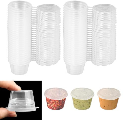 LPAMABA 100 Pièces Pots à Sauce en Plastique avec Couvercle 25ml Petit pot conservation Boîte à Sauce Transparente Boîtes de Alimentaires récipients à emporter pour les Sauces, Passe au Micro ondes