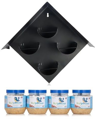 Grumpy Gardener 4 Jar Bird Feeder for Wild Birds with 4 x Nutpecker Peanut Butter Bird Food Jars - Hanging Bird Feeder Station for Perfect Bird Nutrition (Black)