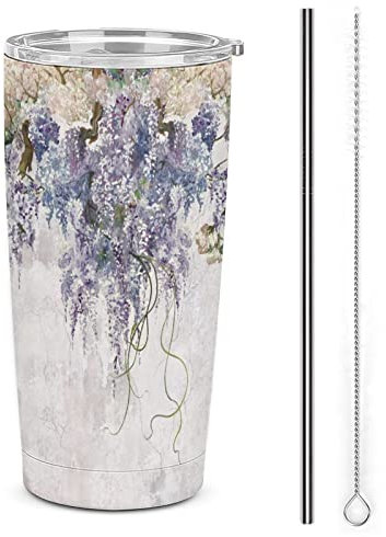 Lilac Flower Edelstahlbecher, isoliert, mit Deckel und Strohhalmbürsten, doppelwandig, Reise-Kaffeebecher, 590 ml