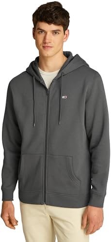 Tommy Jeans Herren Hoodie mit Reißverschluss Flag Zip Thru mit Kapuze, Grau (Washed Black), L