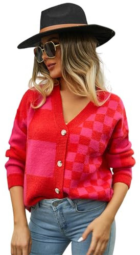 HEYPORK Damen Herbst Winter Warm Bequem Jacke Casual Mode übergangsjacke Mantel Frauen Strickwaren Karierten Patchwork-Pullover Strickjacke(Rot, L)