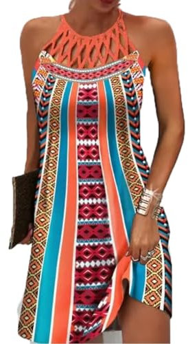 GRMLRPT Vestidos para Mujer sin Mangas Boho Vestido de Verano Estilo étnico Elegante Malla Impresa Vestidos Retro Cuello Halter Vestido de Ocio Vestidos de Playa Mujeres(Multicolor,XL)