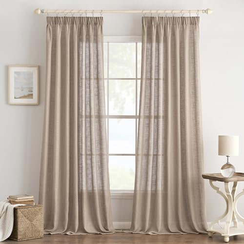 EMEMA Gardinen Vorhänge Leinenvorhang mit Kräuselband Voile Vorhang Leinenoptik Modern Halbtransparent für Wohnzimmer Dekoschal Küchengardinen Schlaufenschal Schlafzimmer Dunkelbraun 140 x 280 cm