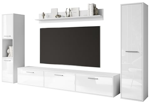 MINIO go for it - Meuble-Paroi 4 Éléments Toga, 1x Meuble TV, 2X Armoire Haute, 1x Tablette Murale - Blanc Mat/Blanc Brillant Couleur