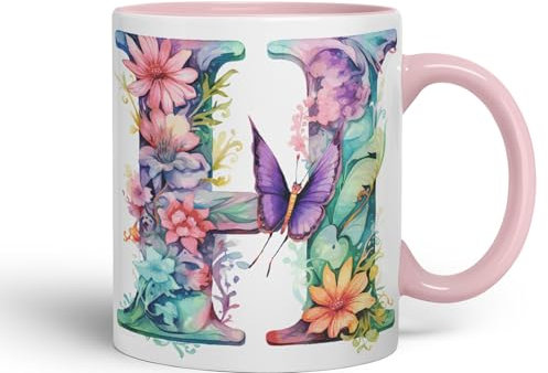 Vixar Letter H Mug, Floral Flowers Butterfly Alphabet Letter H Monogram Watercolour Ceramic Coloured Mug Cup for Tea Coffee Hot Brew 330ml 11Oz Gift (Pink)