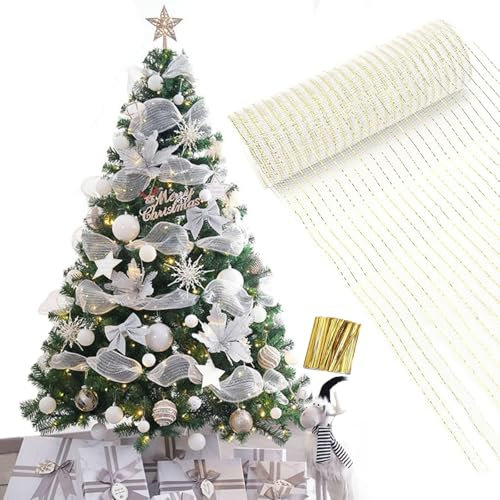 Ghirlanda Di Decorazioni Natalizie, Ghirlanda Di Alberi Di Natale, Nastro In Rete Di Lamina D'oro, Decorazione Del Giardino Di Ringhiera Per Feste Di Nozze Di Pasqua 26 Cm X 9,14 M (Bianco)