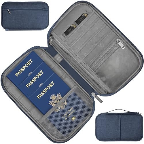 MyGadget Reisepass Organizer [ Platz für 3 Personen Familie ] - Reisepasshülle mit zusätzlichen Platz für Dokumente | EC - Karten | SIM | Schlüssel in Dunkel Blau