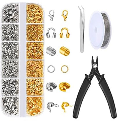 1200 Stück Quetschperlen, Schmuckherstellung Kit Mit Armband Verschluss, Hummer Verschlüsse, Crimp Perlen, Kettenverschluss für DIY Ohrringe, Halsketten und Armbänder